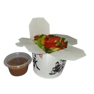 1) Bami krokante kip met pantai woksaus