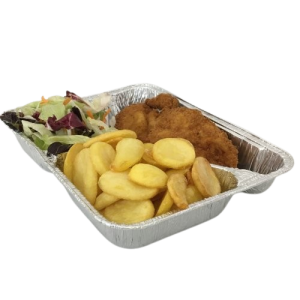 Aardappels met slamix en schnitzel